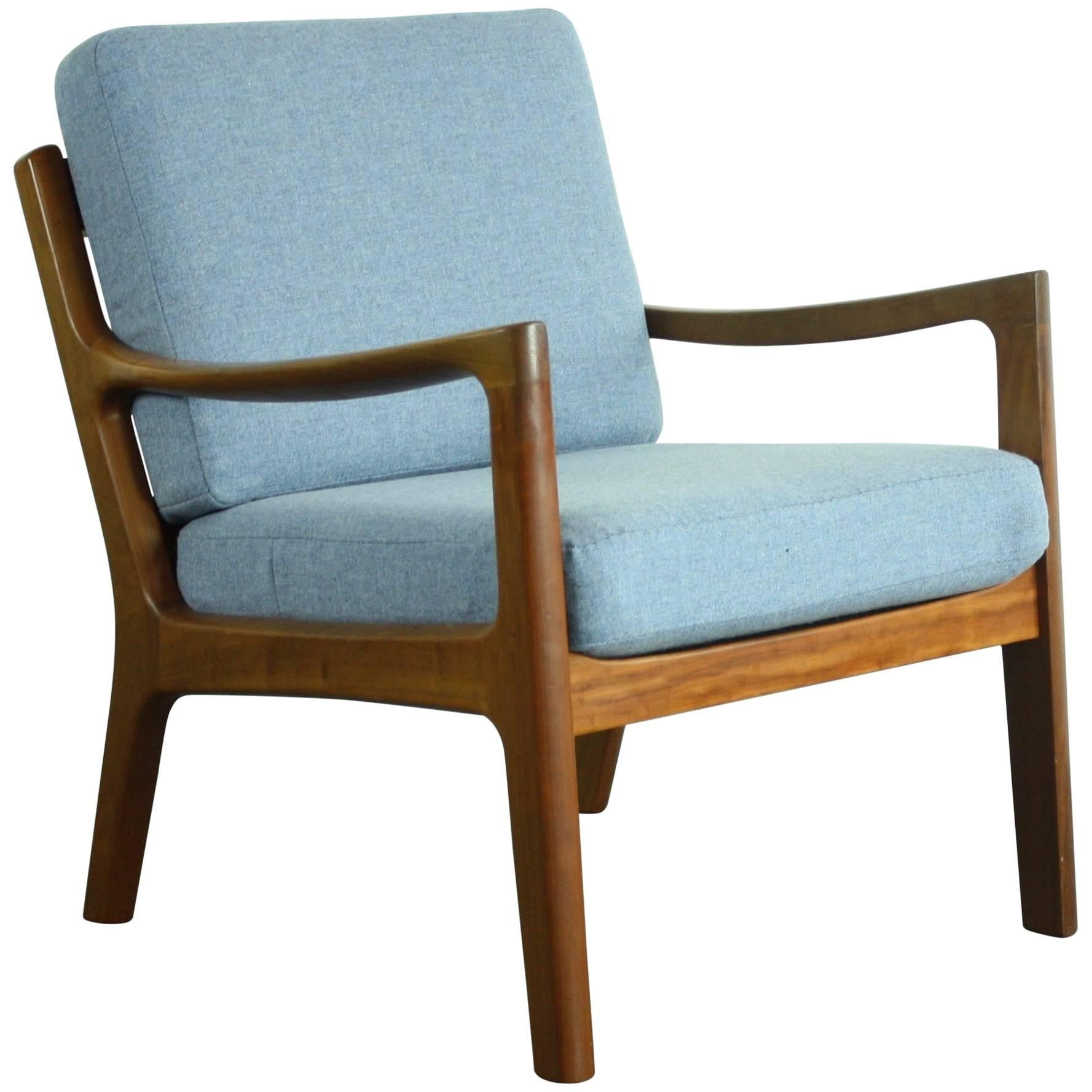 Ole Wanscher for France & Son Denmark, 1960s Teak Lounge Chair Blue Upholstery For Sale