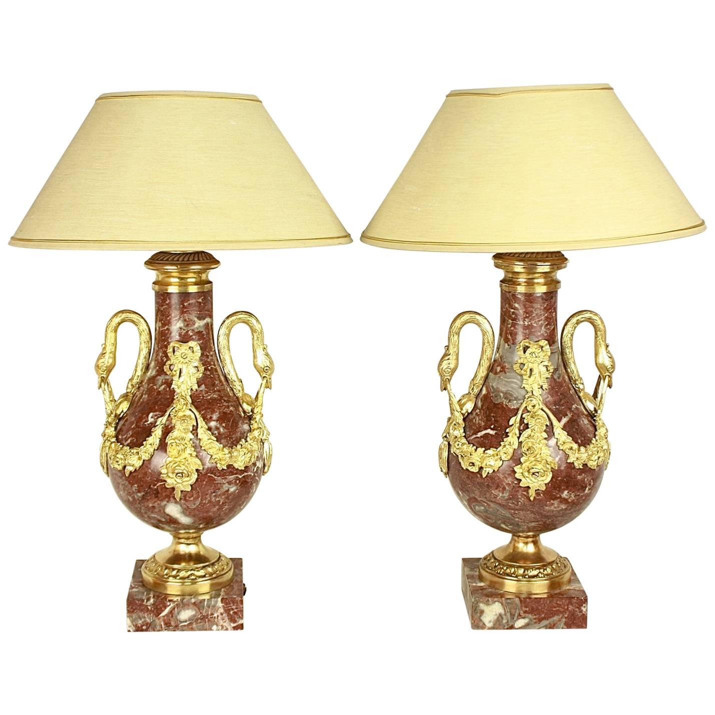 Pair of Louis XVI Style Red Marble and Gilt Bronze Mounted Table Lamps