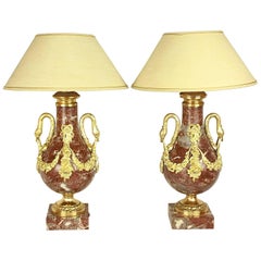 Antique Pair of Louis XVI Style Red Marble and Gilt Bronze Mounted Table Lamps