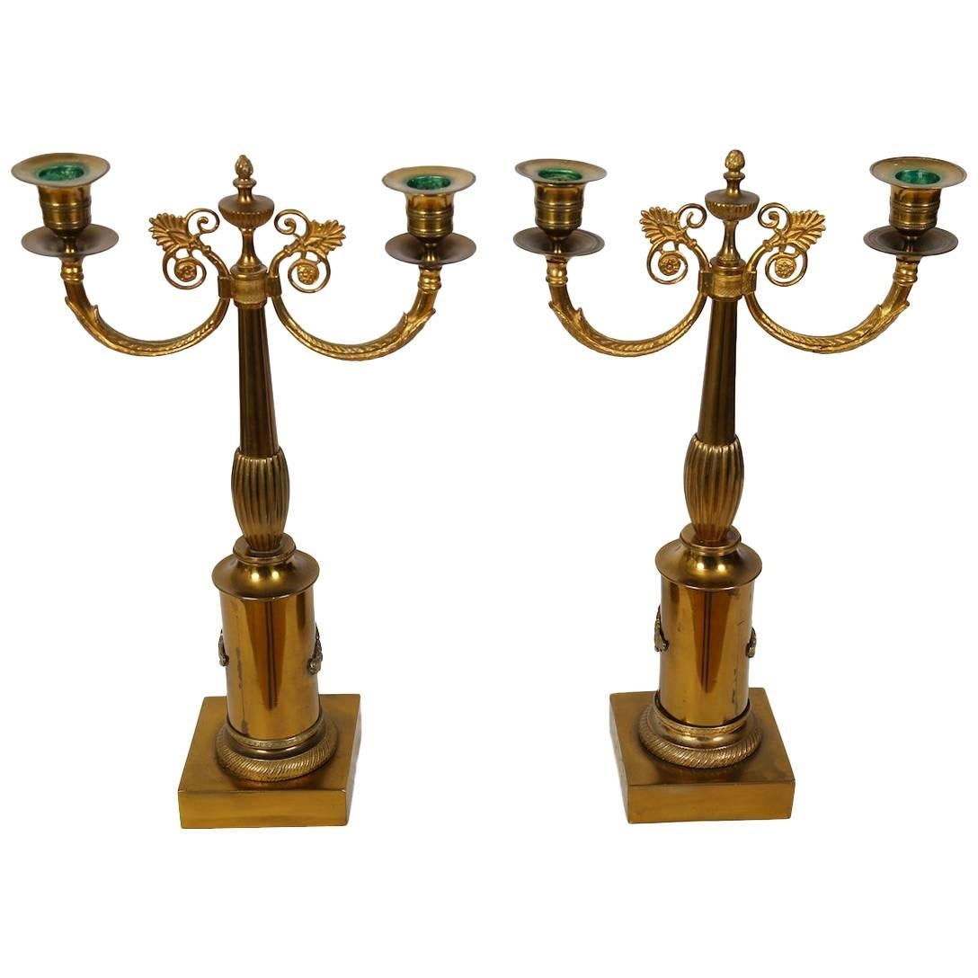 Pair of Brass Gilded Candelabras, Late Empire, Sweden, circa 1835 For Sale