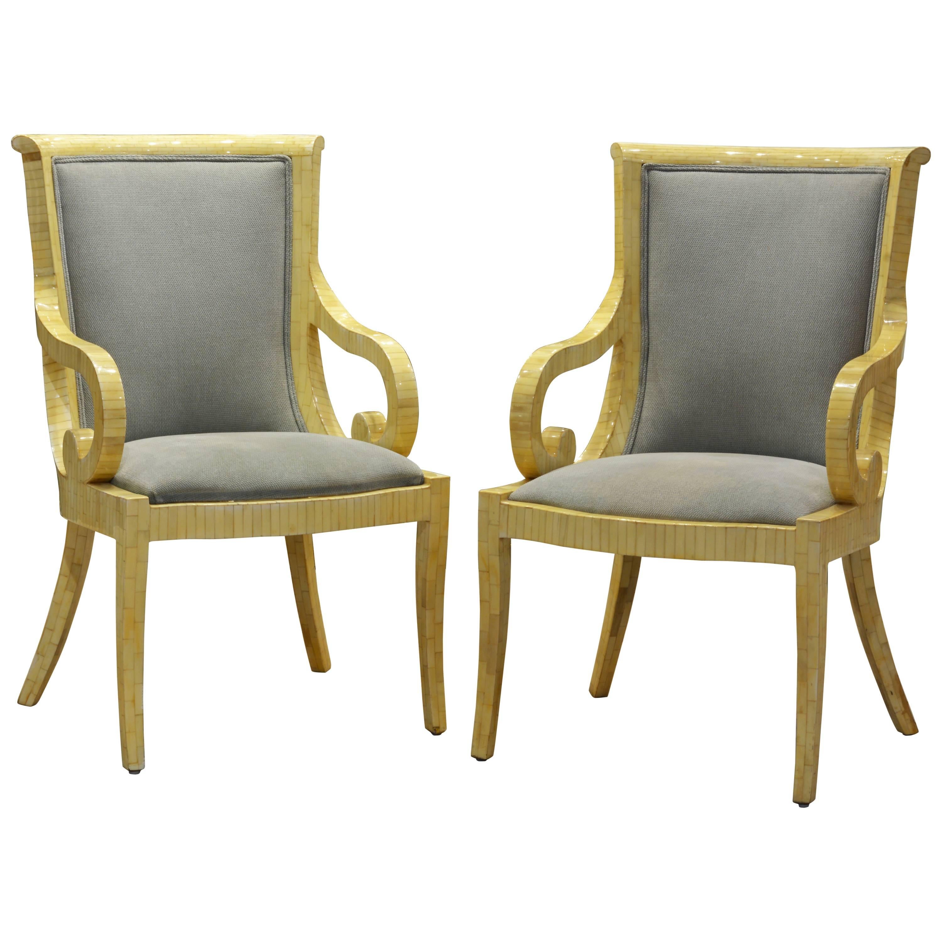 Pair of Tessellated Neoclassical Style Bone Inlay Armchairs by Enrique Garcel