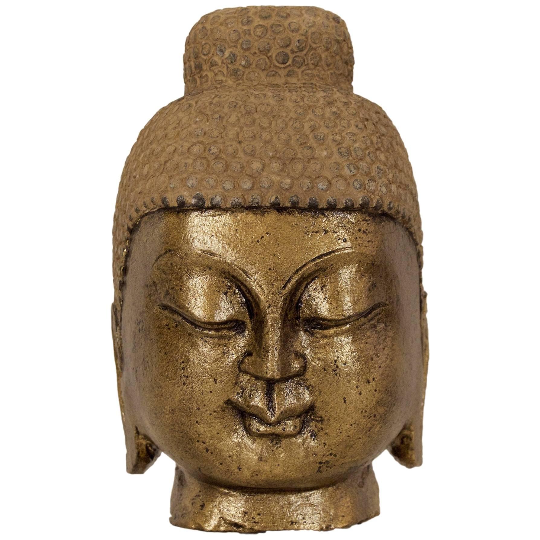 Carved Stone Gilt Buddha Head For Sale