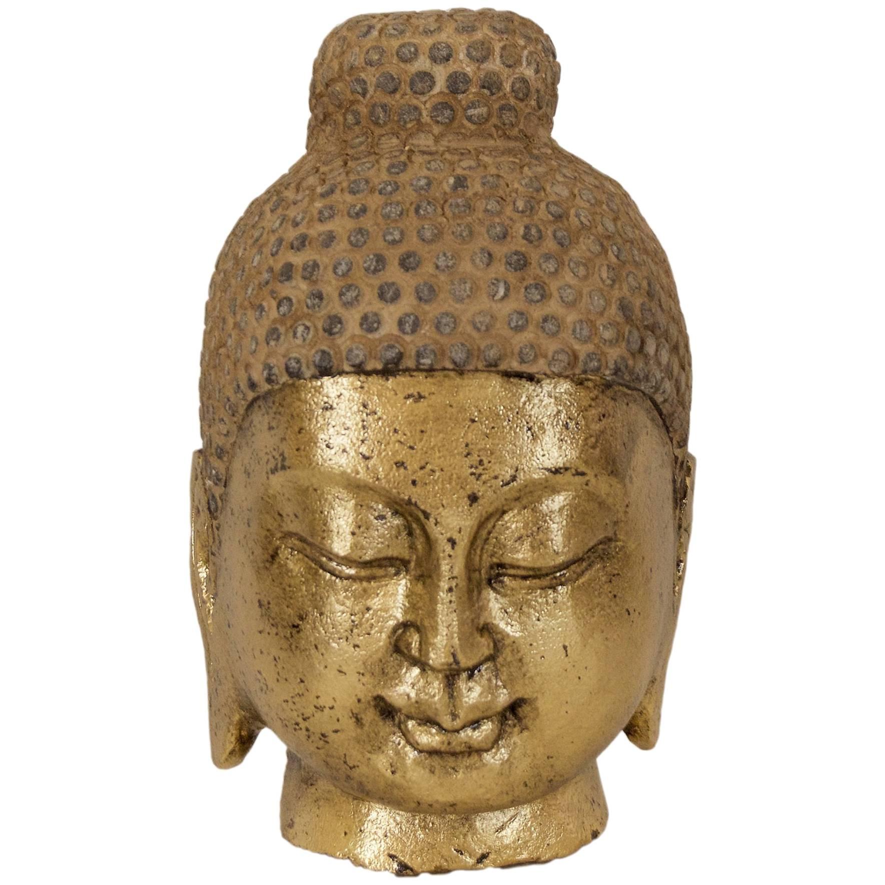 Carved Stone Gilt Buddha Head For Sale