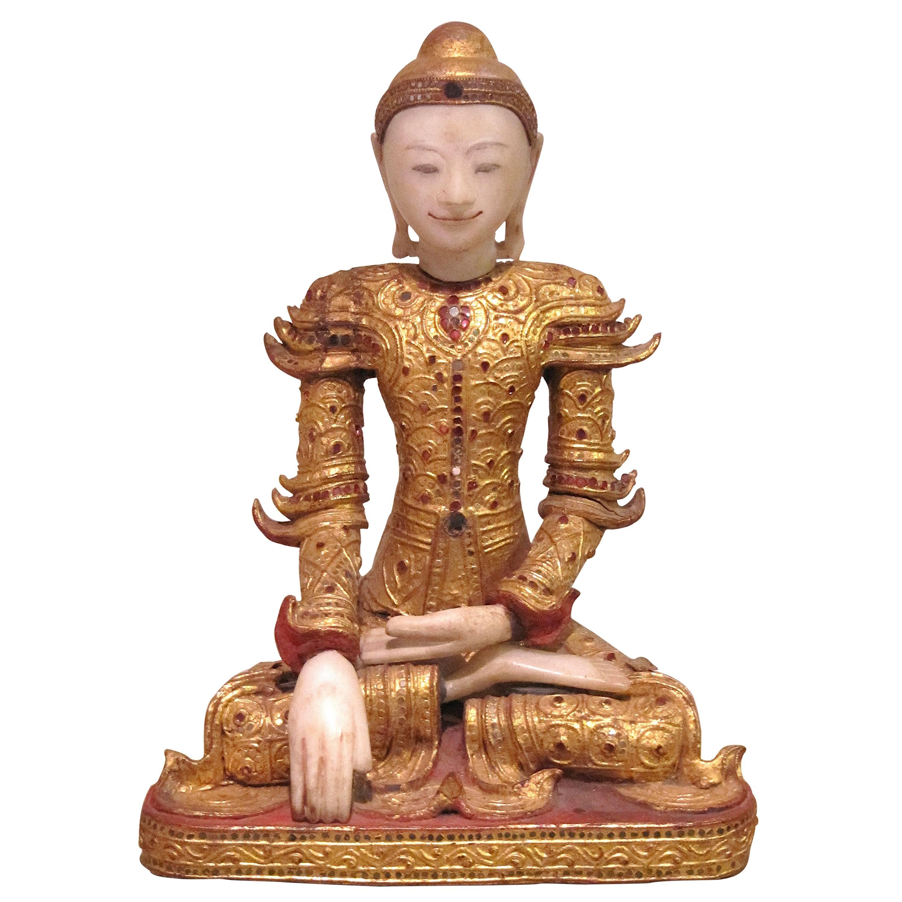 Burmese Marble Giltwood Buddha in Royal Costume, 19th century For Sale