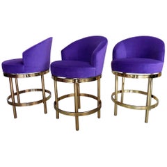 Three Swivel Barstools with Brass Bases, 1970s