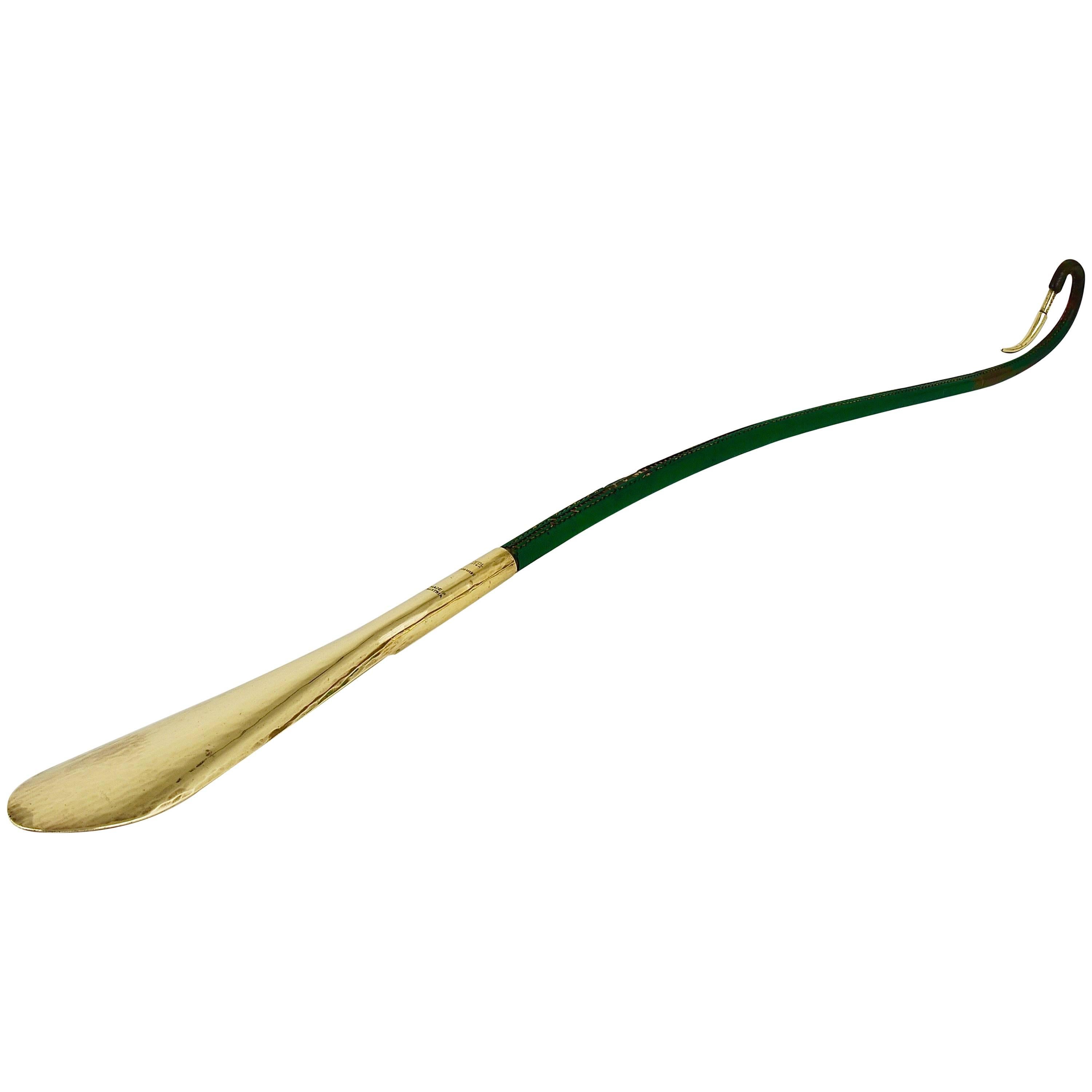 Rare Carl Auböck Brass and Green Leather Shoehorn, Shoe Horn, Austria, 1950s 