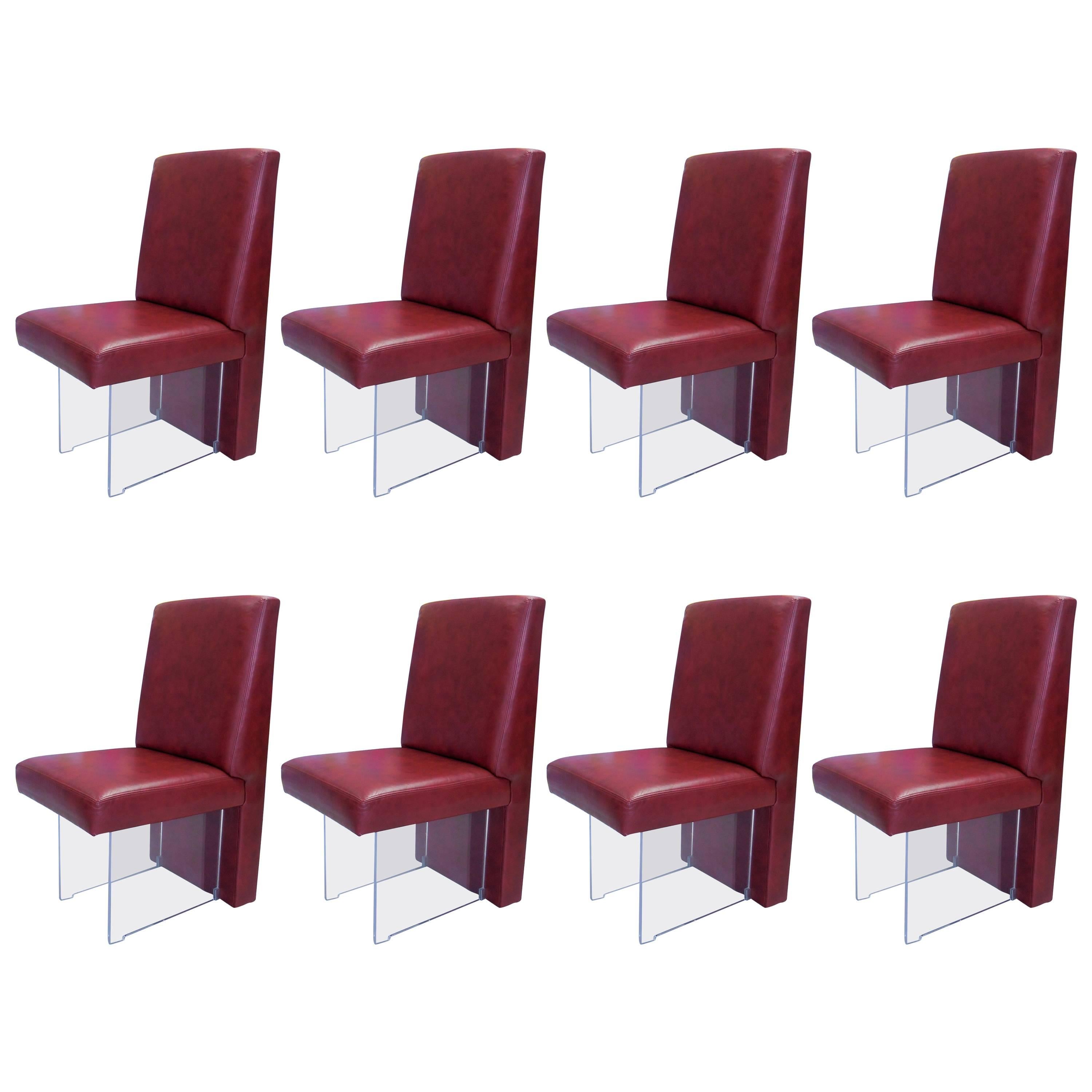 Vladimir Kagan Eight Omnibus Leather and Lucite Dining Chairs