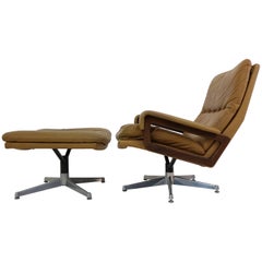 Strassle King Swivel Chair and Ottoman in Cognac Leather by Andre Vandenbeuck