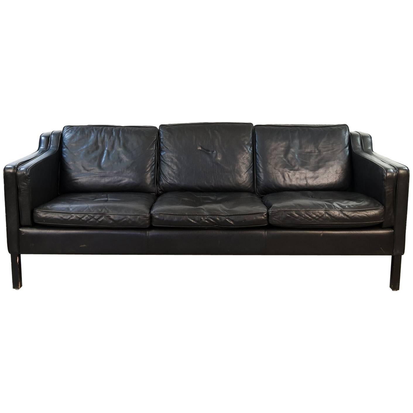 Danish Midcentury Borge Mogensen Style Black Leather Three-Seat Sofa
