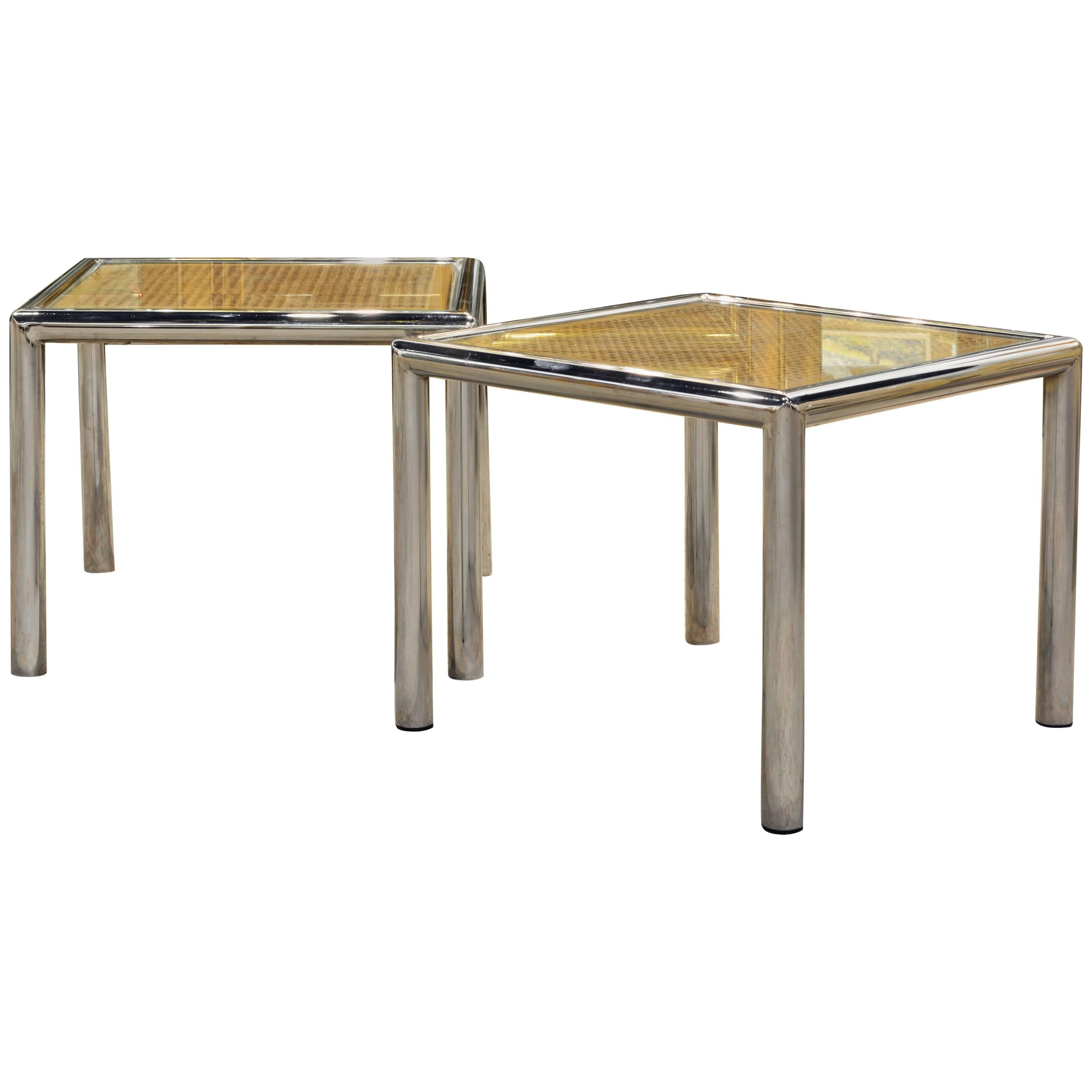 Pair of Tubular Chrome Frame and Caned Glass Top Side Tables by Milo Baughman