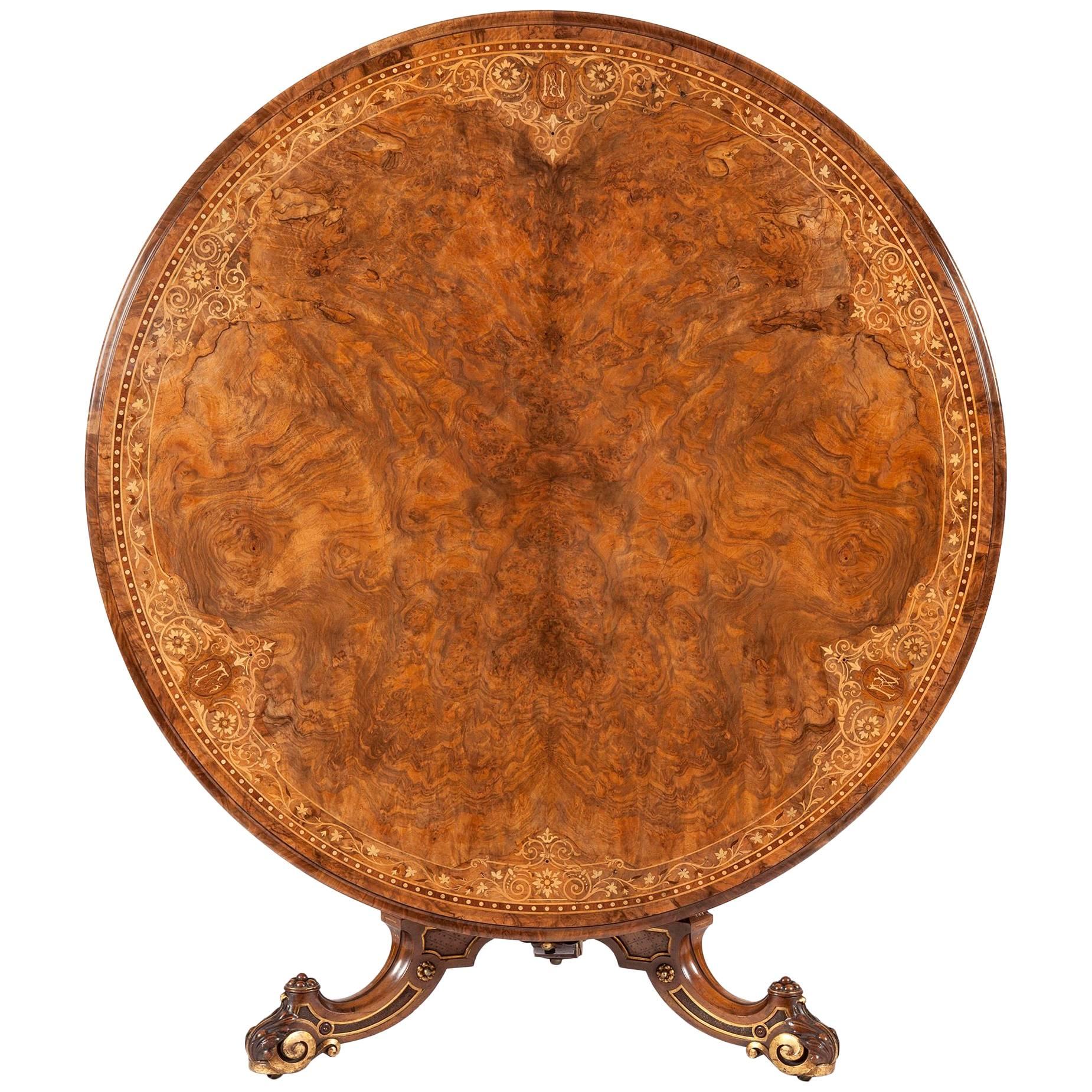 19th Century English Walnut with Marquetry Center Table For Sale