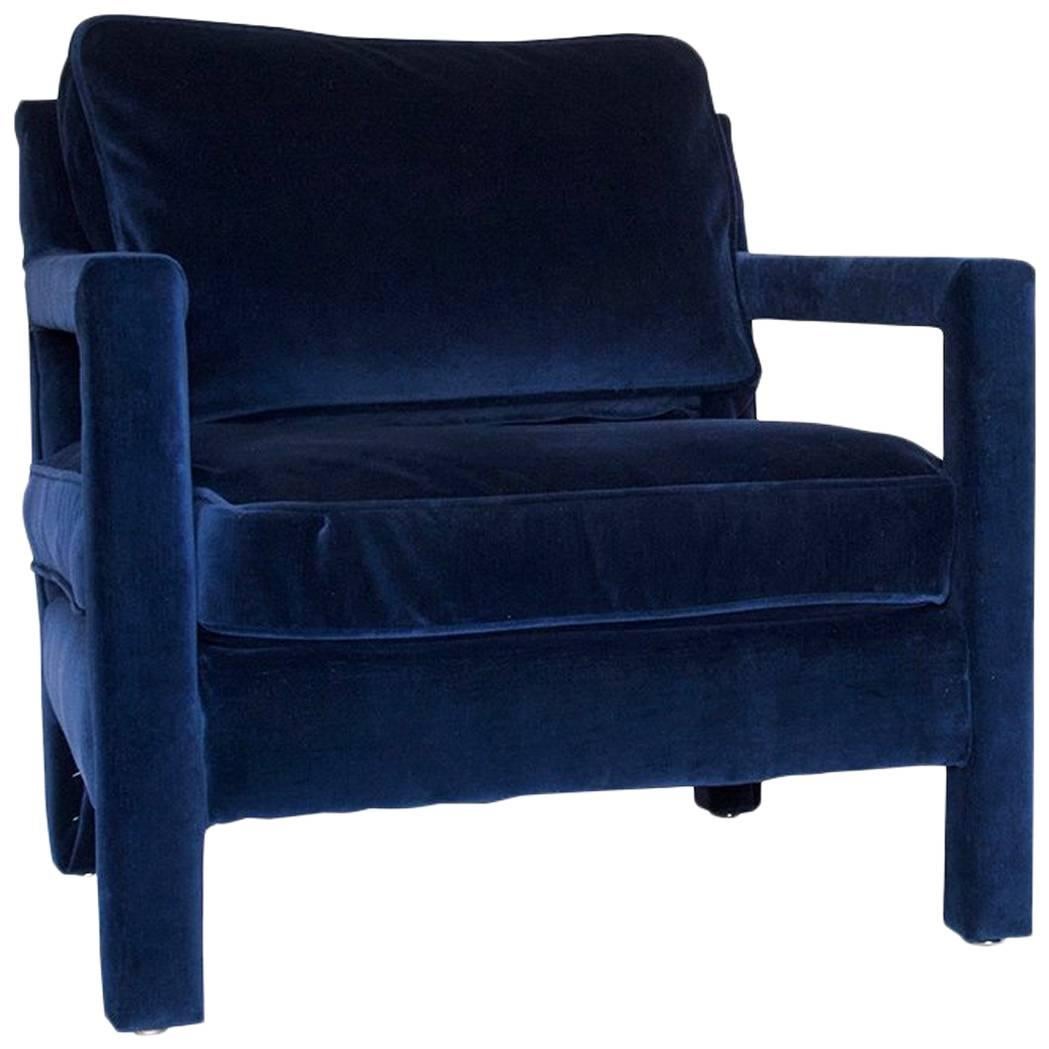 Milo Baughman Style Parsons Upholstered Lounge Chair in Velvet For Sale