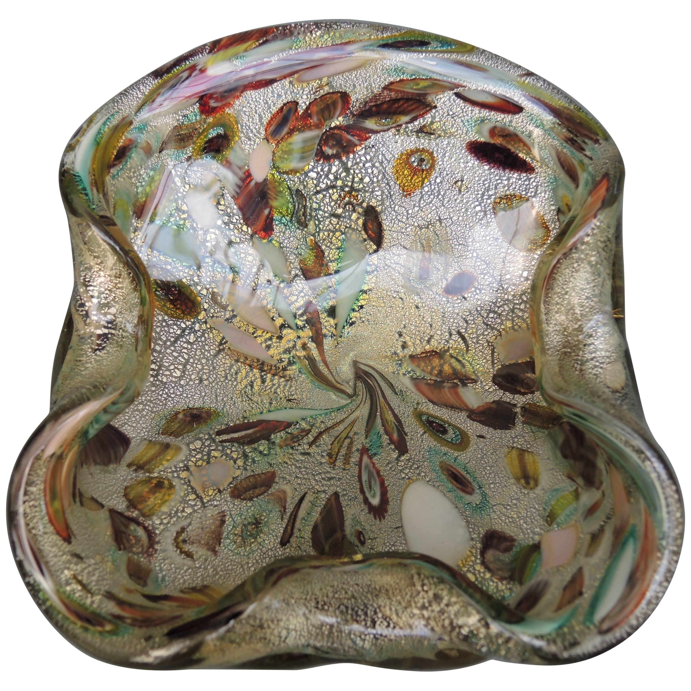 Aldo Nason Murano Art Glass Bowl with Murrine Decorations and Gold Leaf Flecks For Sale
