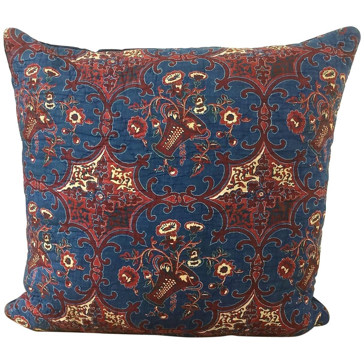 19th Century French Antique Pillow Blockprinted with Baskets of Flowers