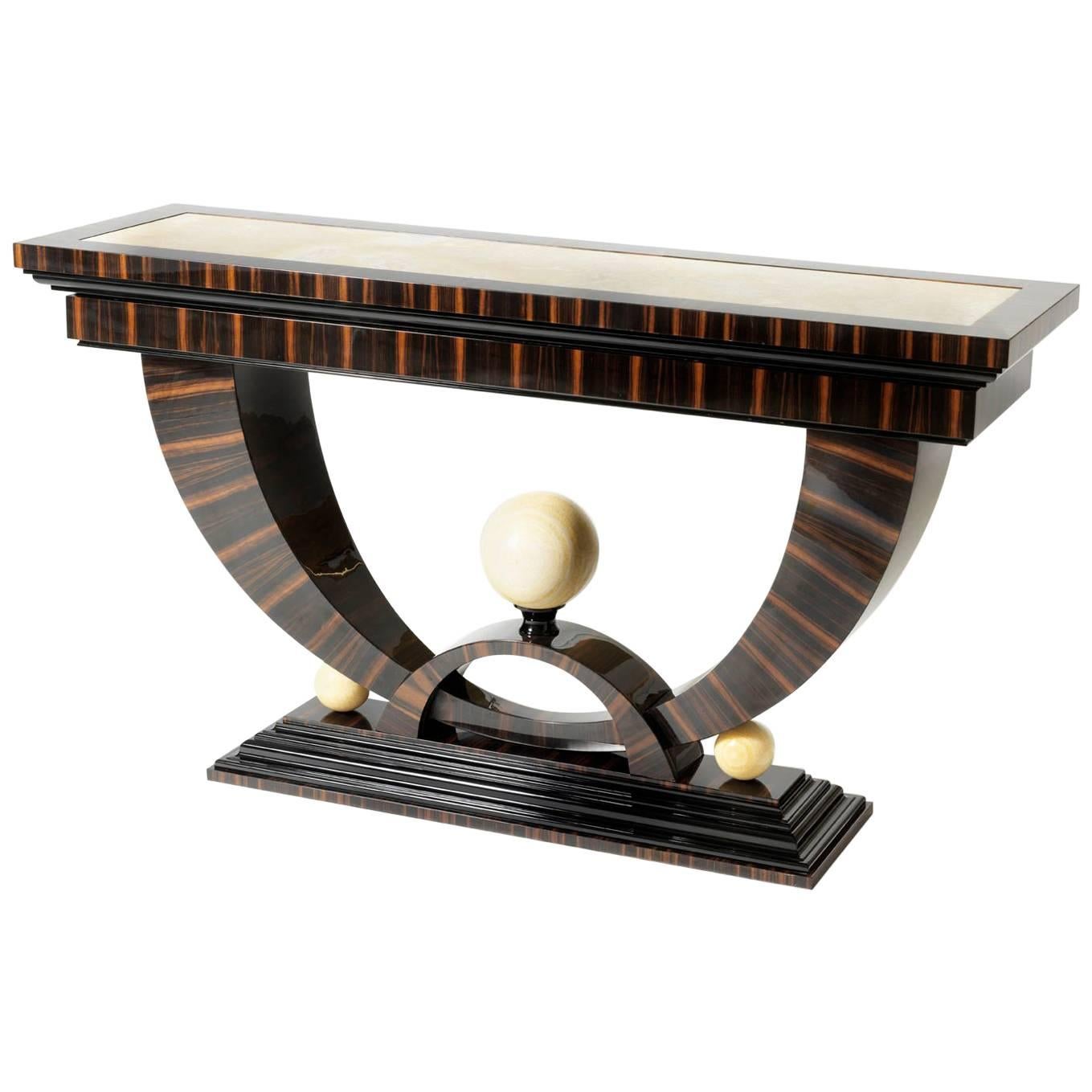 Macassar Ebony Console with Onyx Spheres by Sd Mobili, Handmade in Italy For Sale