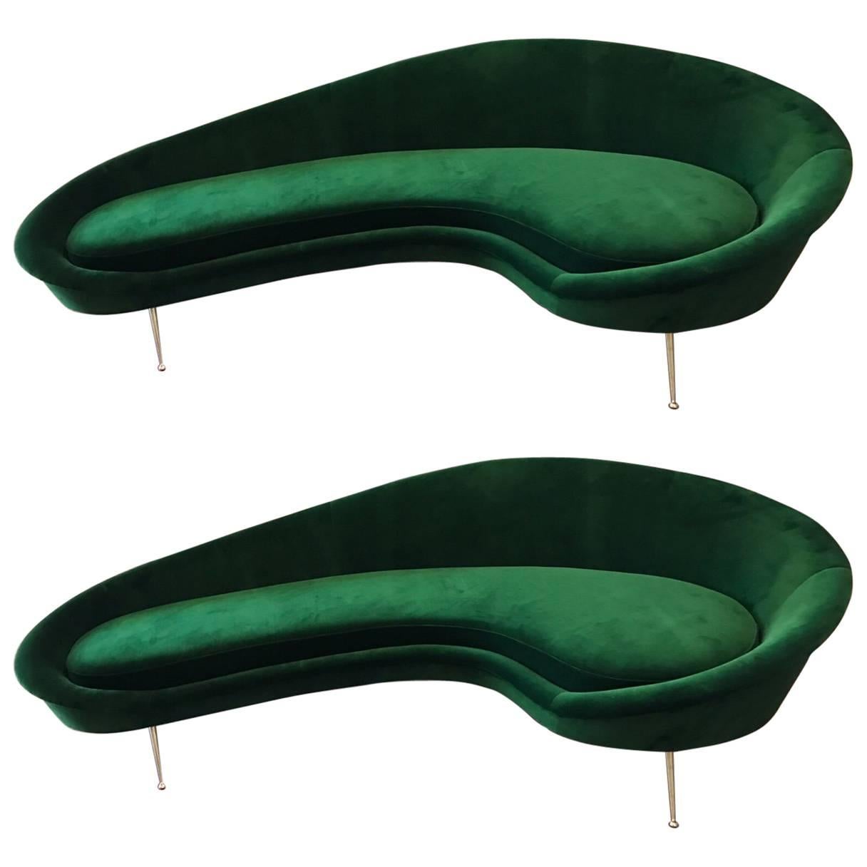 Pair of Huge Italian Sofas, Green Velvet, in the Style of Ico Parisi