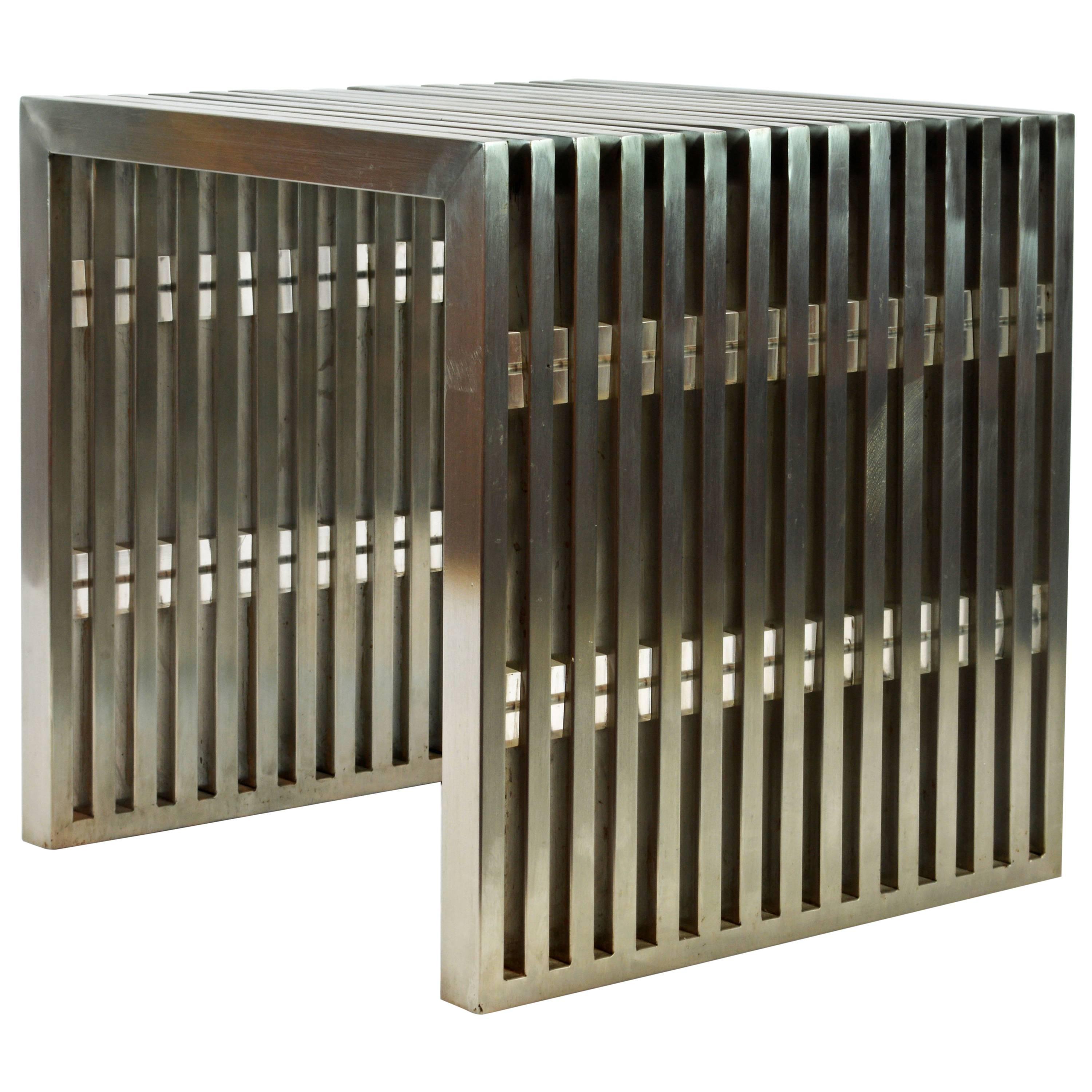 Brushed Steel and Lucite Midcentury Slat Bench Attributed to Milo Baughman