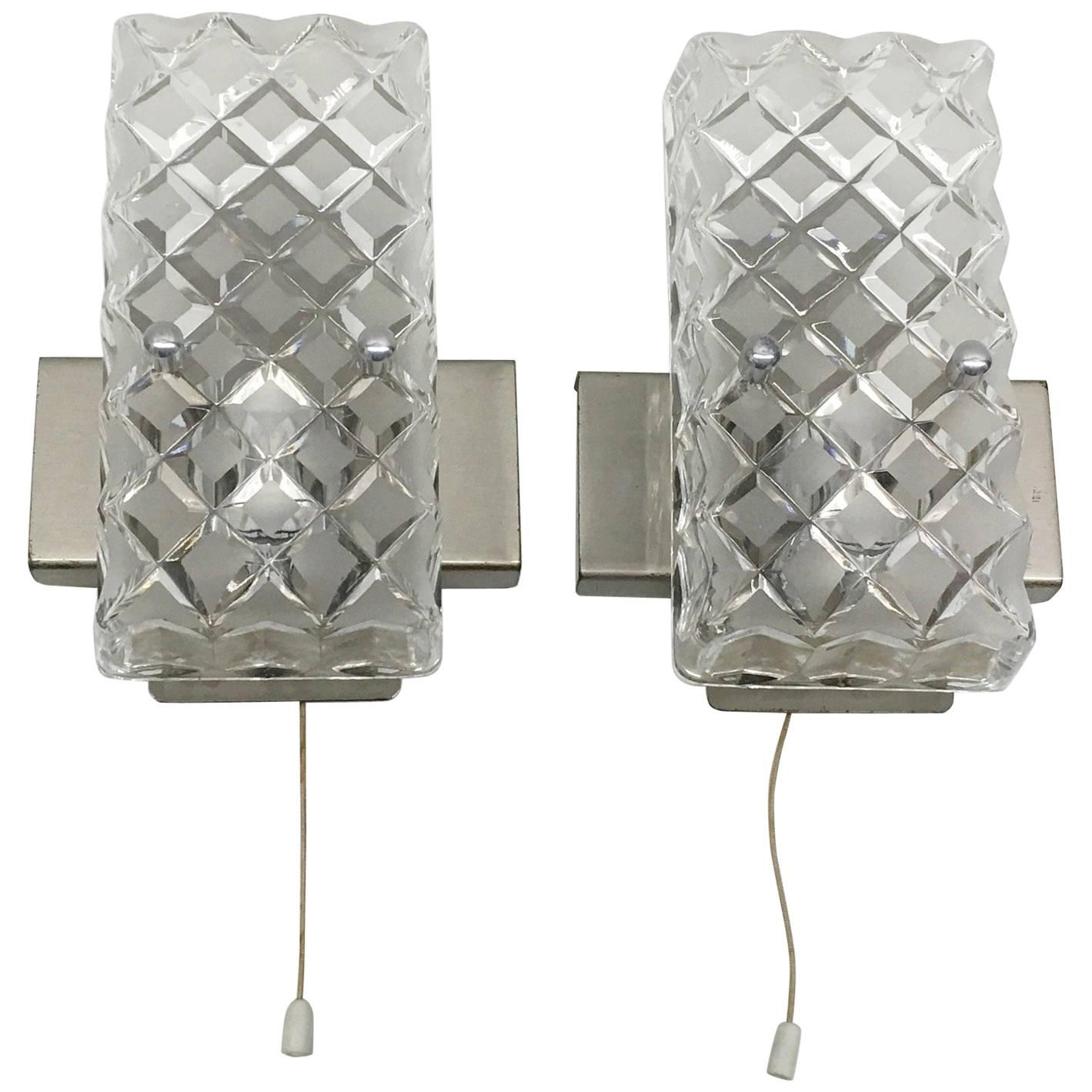 Pair of German Rectangular Glass Sconces with Chrome Fixture 1970's For Sale