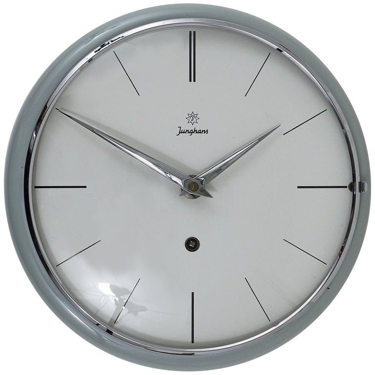 Grey Round Junghans Midcentury Wall Clock, Germany, 1950s For Sale at