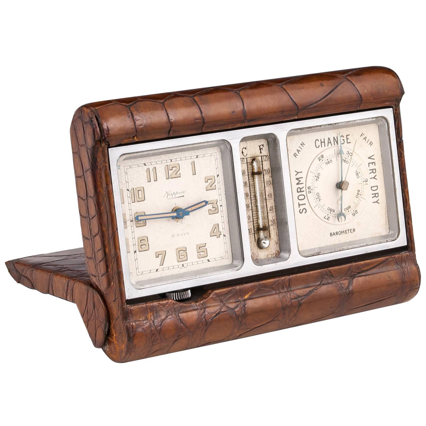 Art Deco Mappin & Webb Crocodile and Chrome Travel Clock and Barometer