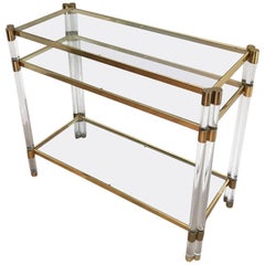 1970
s French Lucite and Brass Three-Tiered Metal Console Table