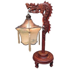 Chinese Dragon Table Lamp with Silk Lantern, circa 1940