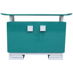 Vintage James Mont Style Modern Pagoda Floating Top Turquoise Cabinet / Console