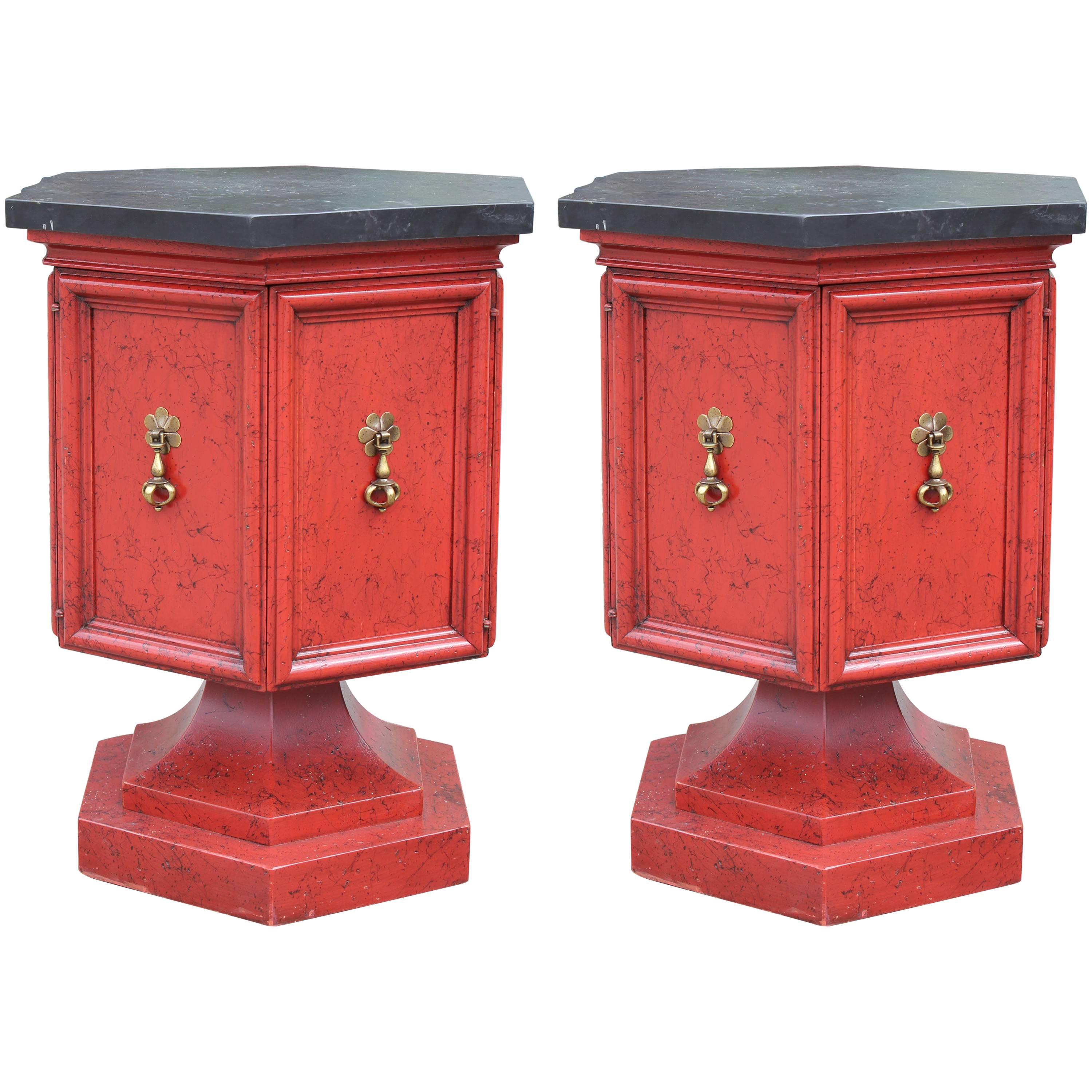 Pair of Hollywood Regency Slate Top Red and Black Pedestal Side or End Tables