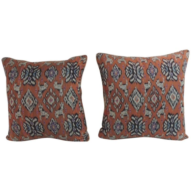 Pair of Red Ikat Decorative Pillows with Trim For Sale at 1stdibs