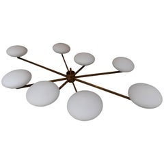 Italian Eight Arms Brass And Opaline Ceiling Light