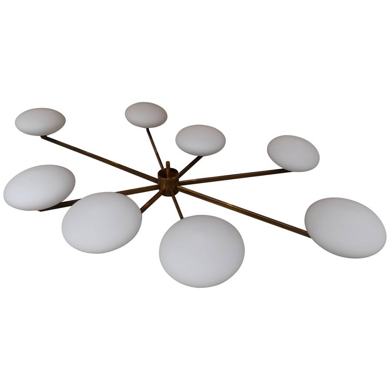 Italian Eight Arms Brass And Opaline Ceiling Light For Sale