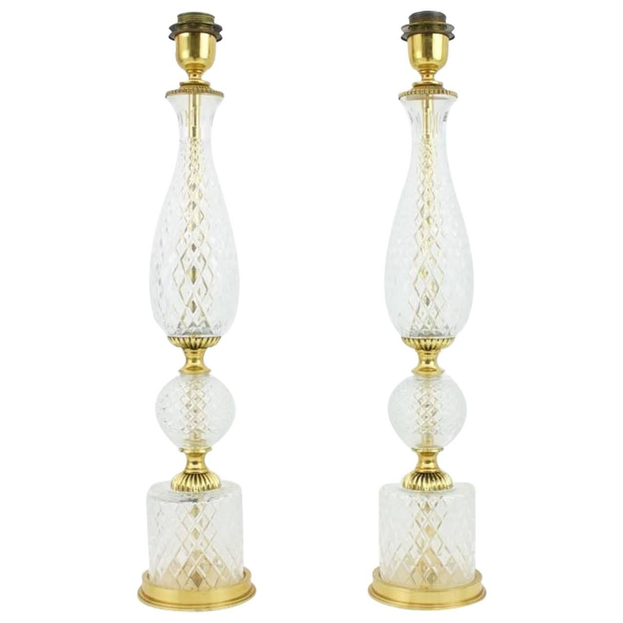 Pair of Elegant Textured Glass and Brass Table Lamps, 1960s For Sale