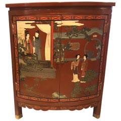 Vintage Red Lacquer Chinoiserie Corner Chinese Cabinet with Painted Detailing