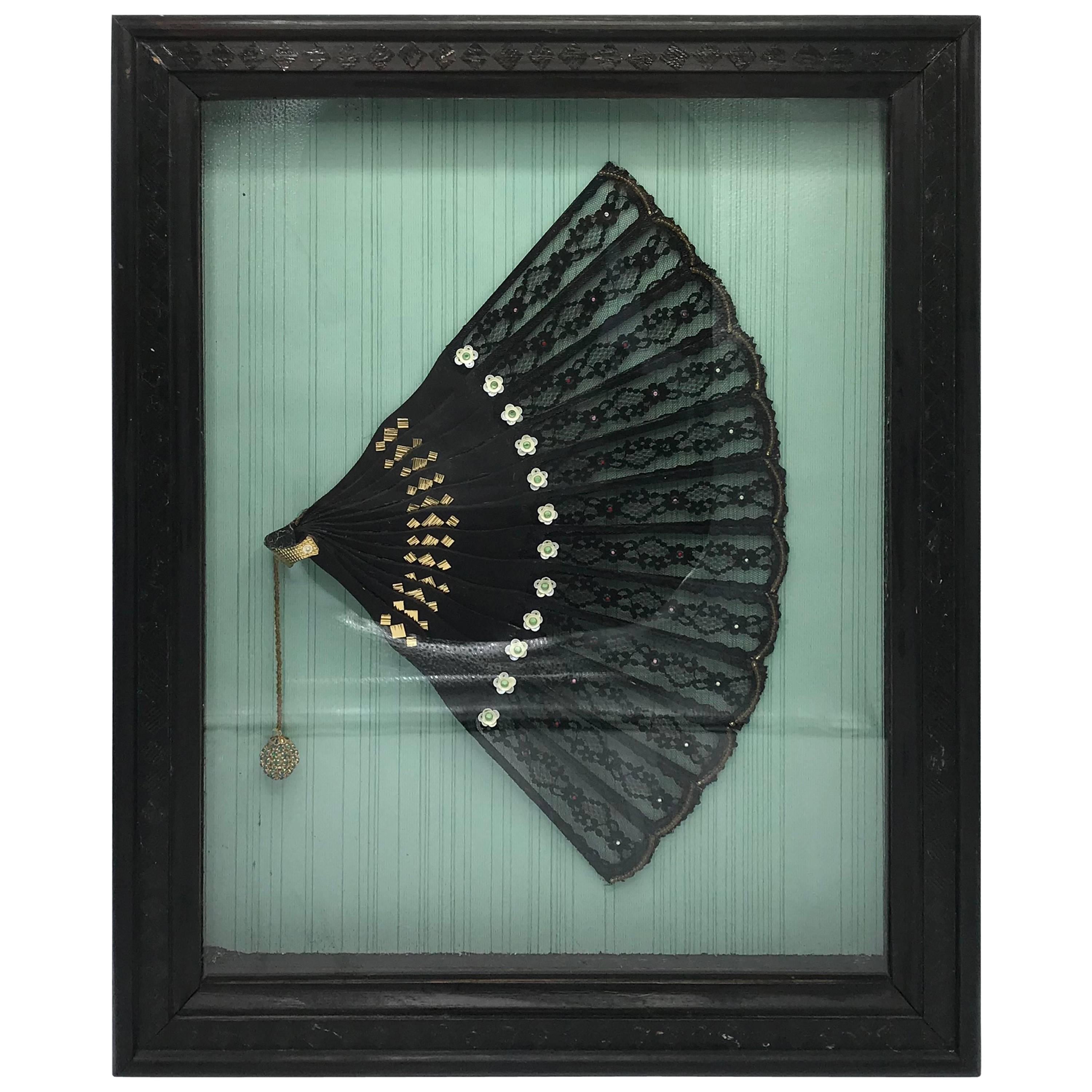 19th Century Victorian Black Sequin Hand Fan, Framed in Shadow Box