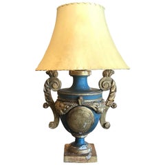 18th Century French Blue and Gold Painted Carved Urn Lamp