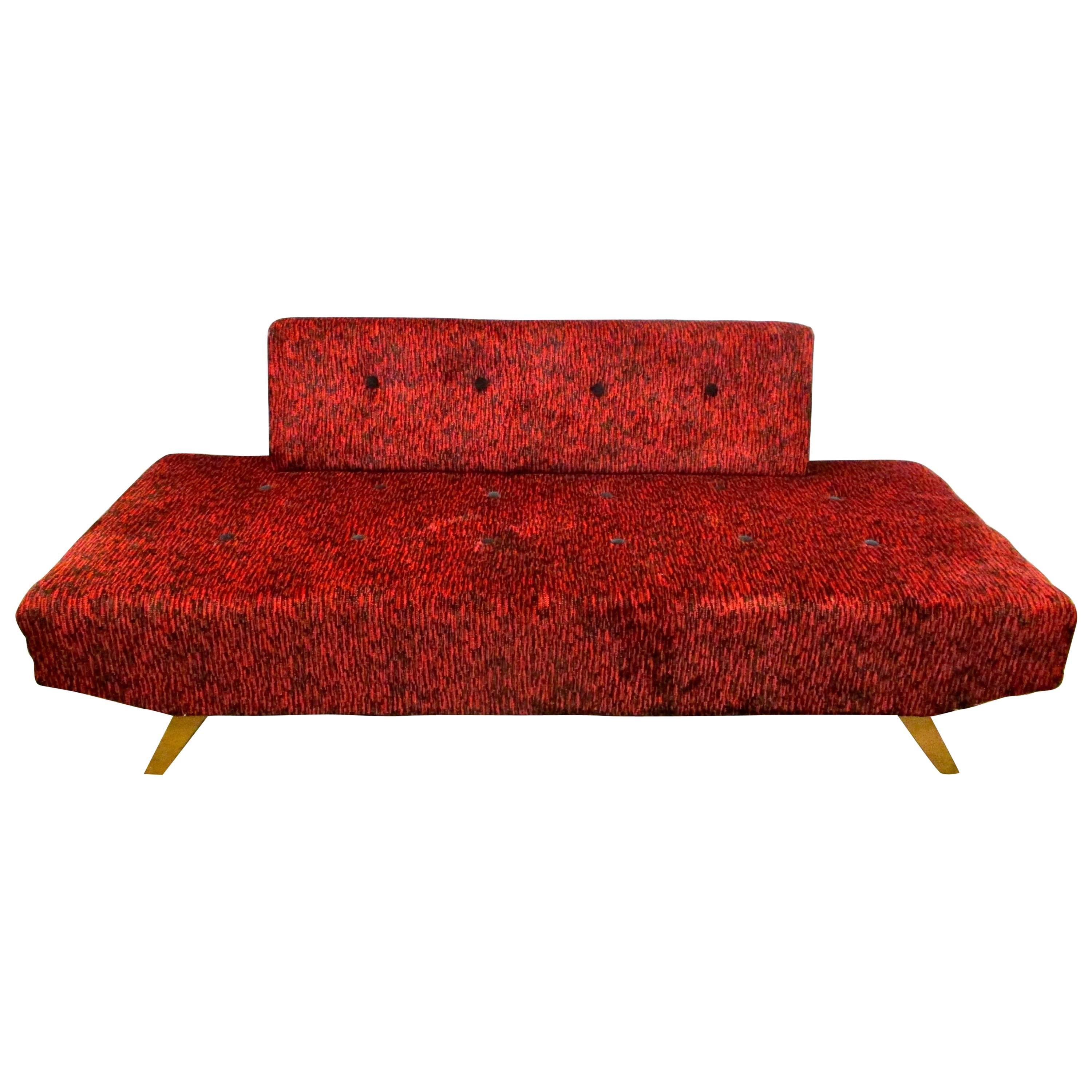 Midcentury Red Settee Daybed Sofa, New Upholstery