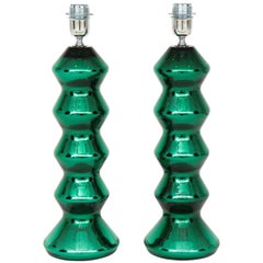 Rare Pair of Italian Emerald Green Mirrored Murano Glass Lamps