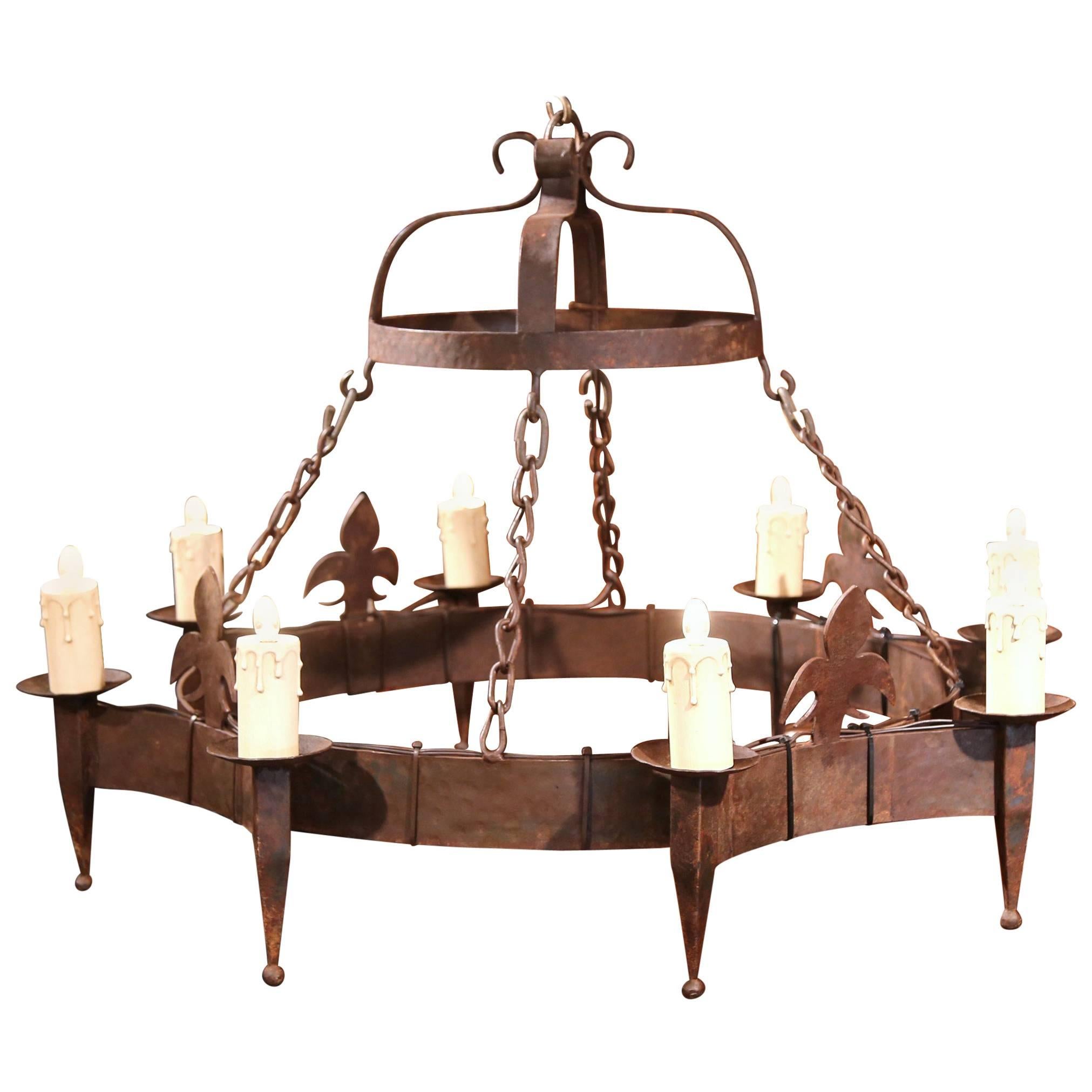 19th Century French Eight-Light Wrought Iron Chandelier with Fleur-De-Lys