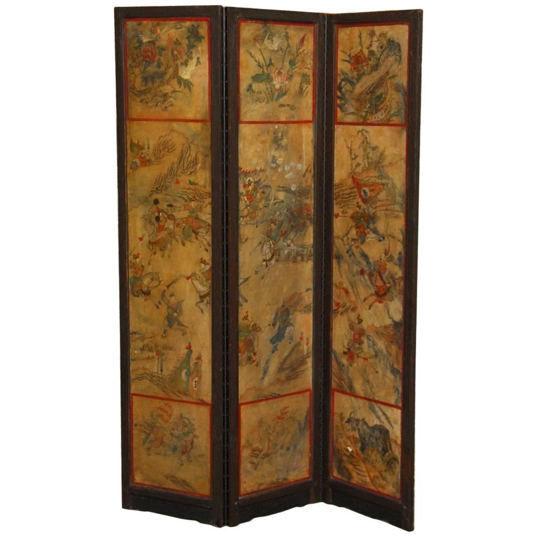 Chinese Qing Dynasty Three-Panel Scroll Lacquered Screen