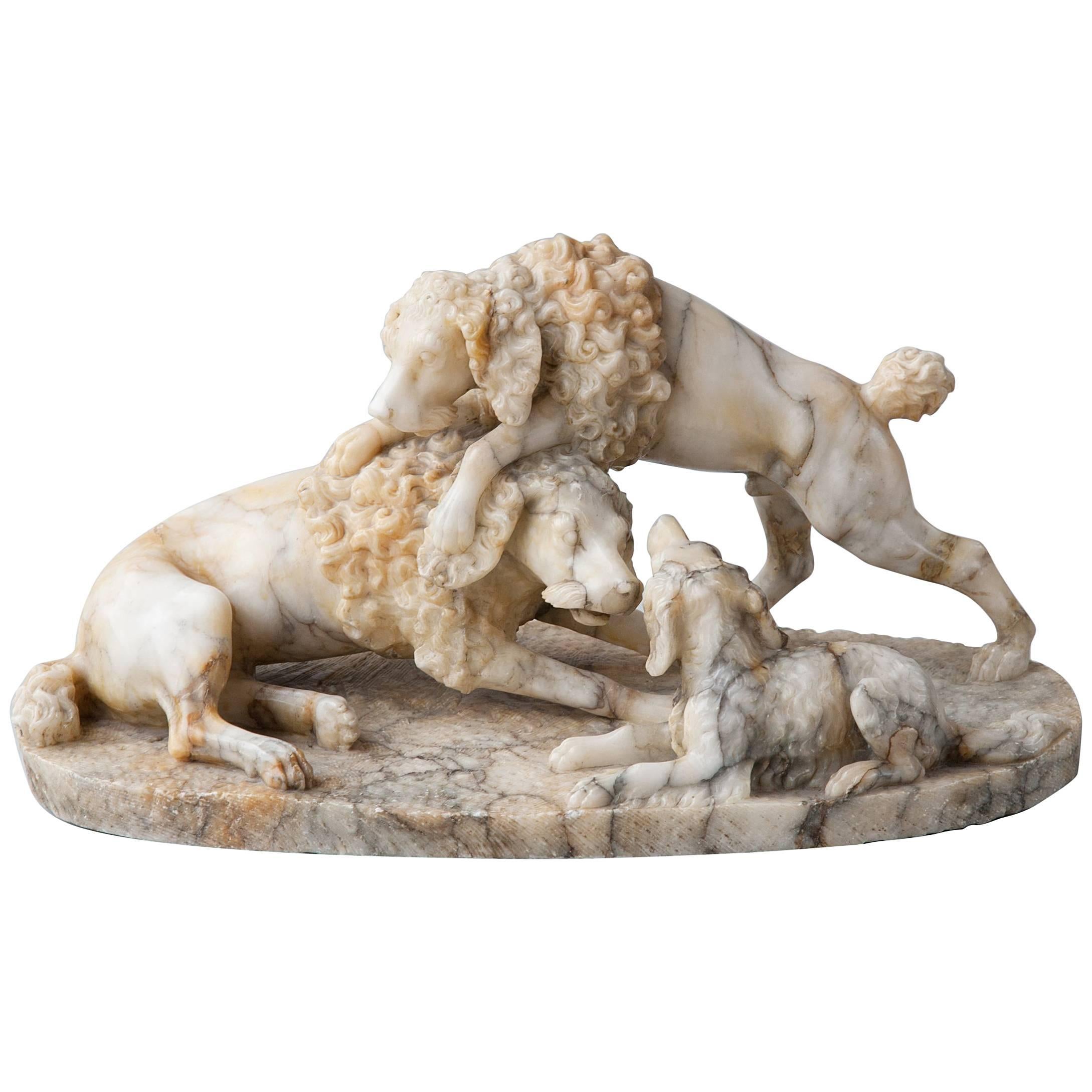 European Alabaster Sculpture of Three Dogs Playing, circa 1800 For Sale
