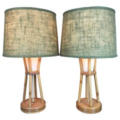 Retro Original Pair of Paul Frankl Style Bamboo Tiki Modern Table Lamps