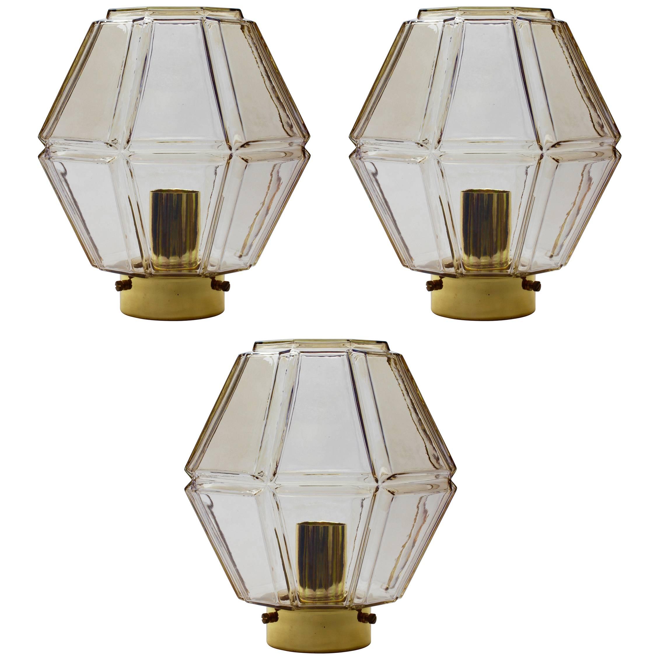 Four 1970s Limburg Vintage Geometric Topaz / Champagne Glass Flush Mount Lights