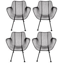 Set of Four Russell Woodard Sculptura Black Iron Mesh Dining Armchairs, 1950s 