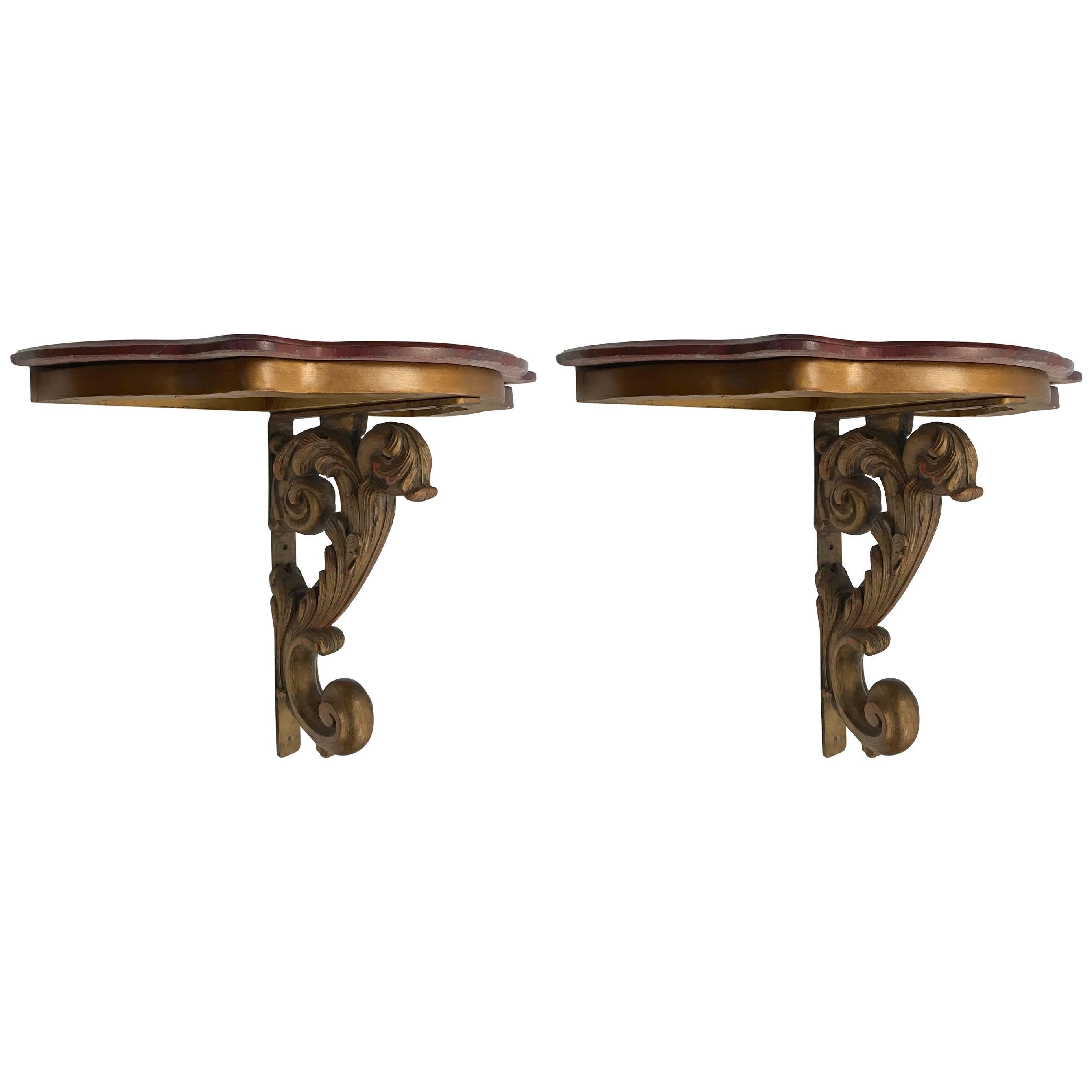Pair of Italian Giltwood Marble-Top Demilune Console Tables