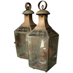 Pair of 19th Century Copper and Etched Glass Gas Lanterns