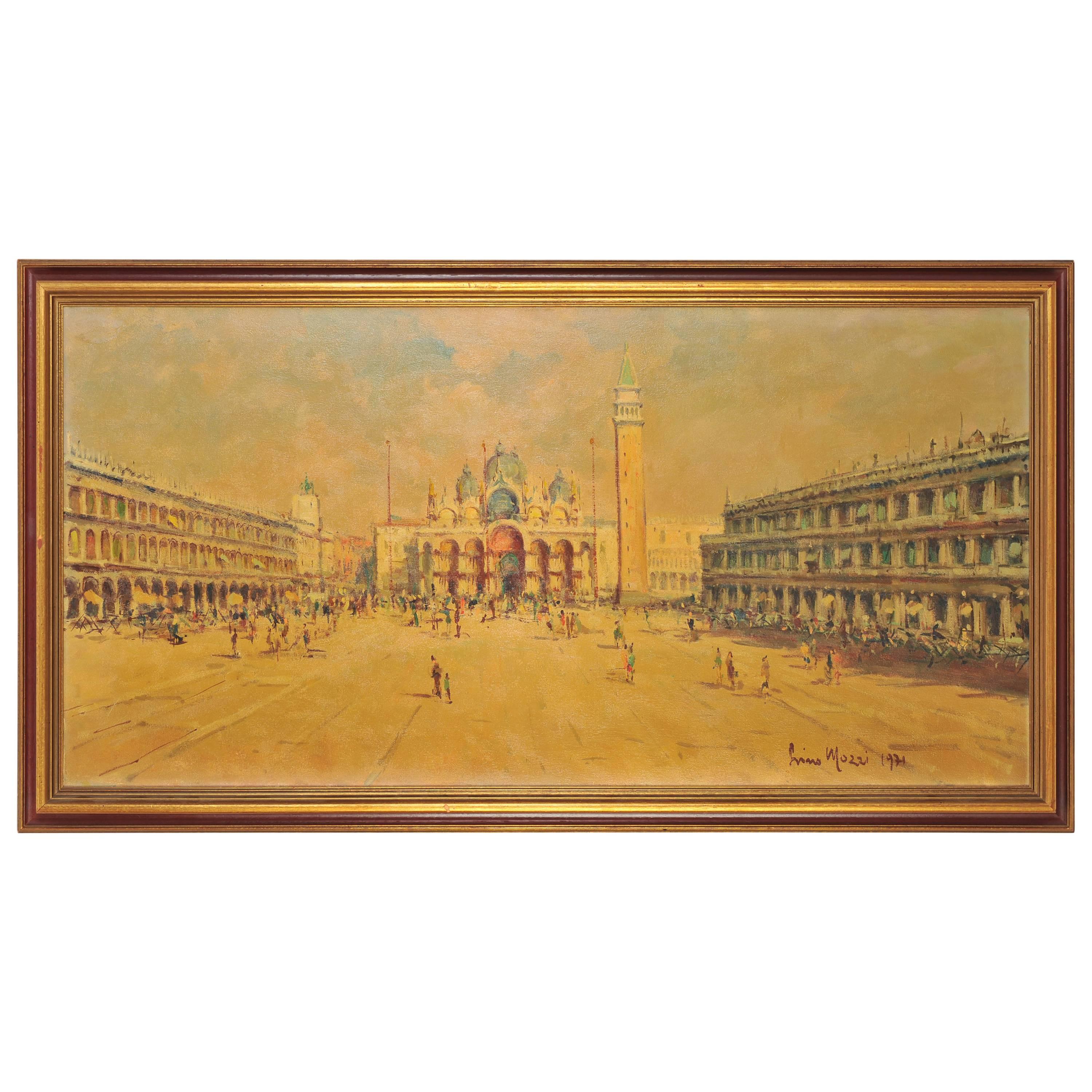 Italian Oil Painting of San Marco Square, Venice Signed Lino Mozzi, 1971 For Sale