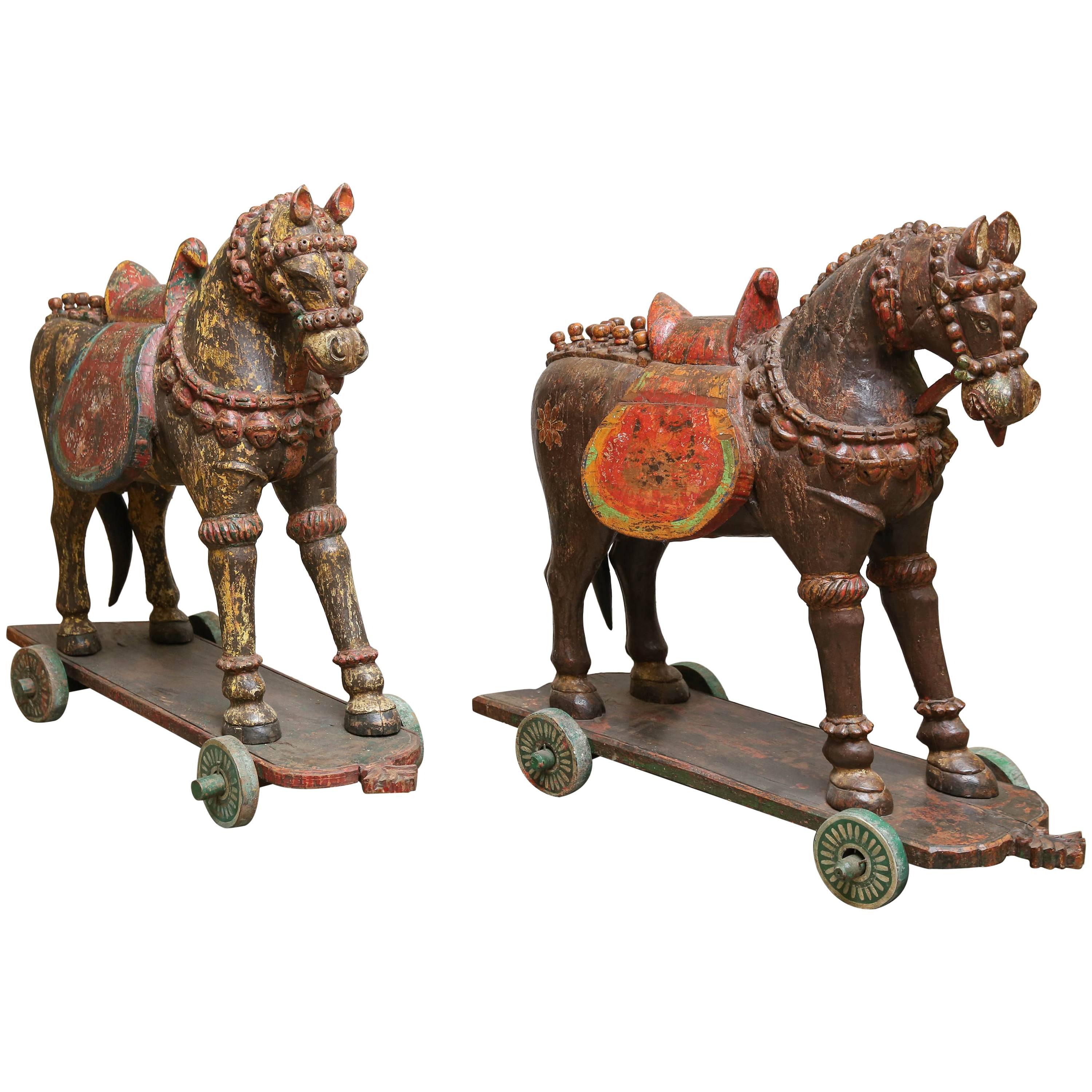 Pair of Late 19th Century Solid Wood Horses from a Temple in Bhutan For Sale