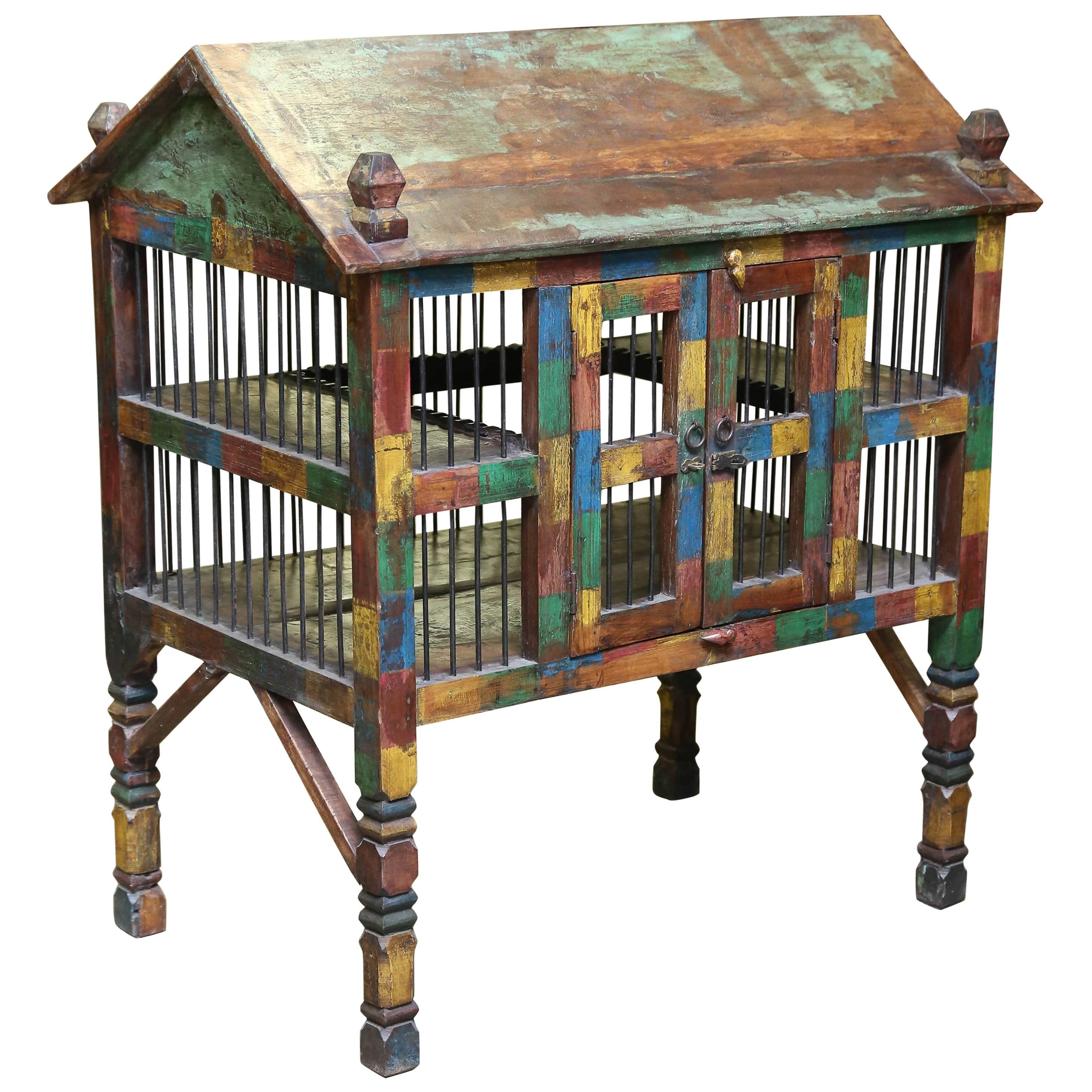 Antique Teak Wood and Iron Bird Cage from a Community Farm in Central India