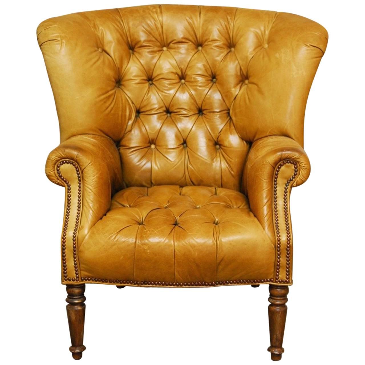 Georgian English Tufted Leather Chesterfield Library Chair or Wingback
