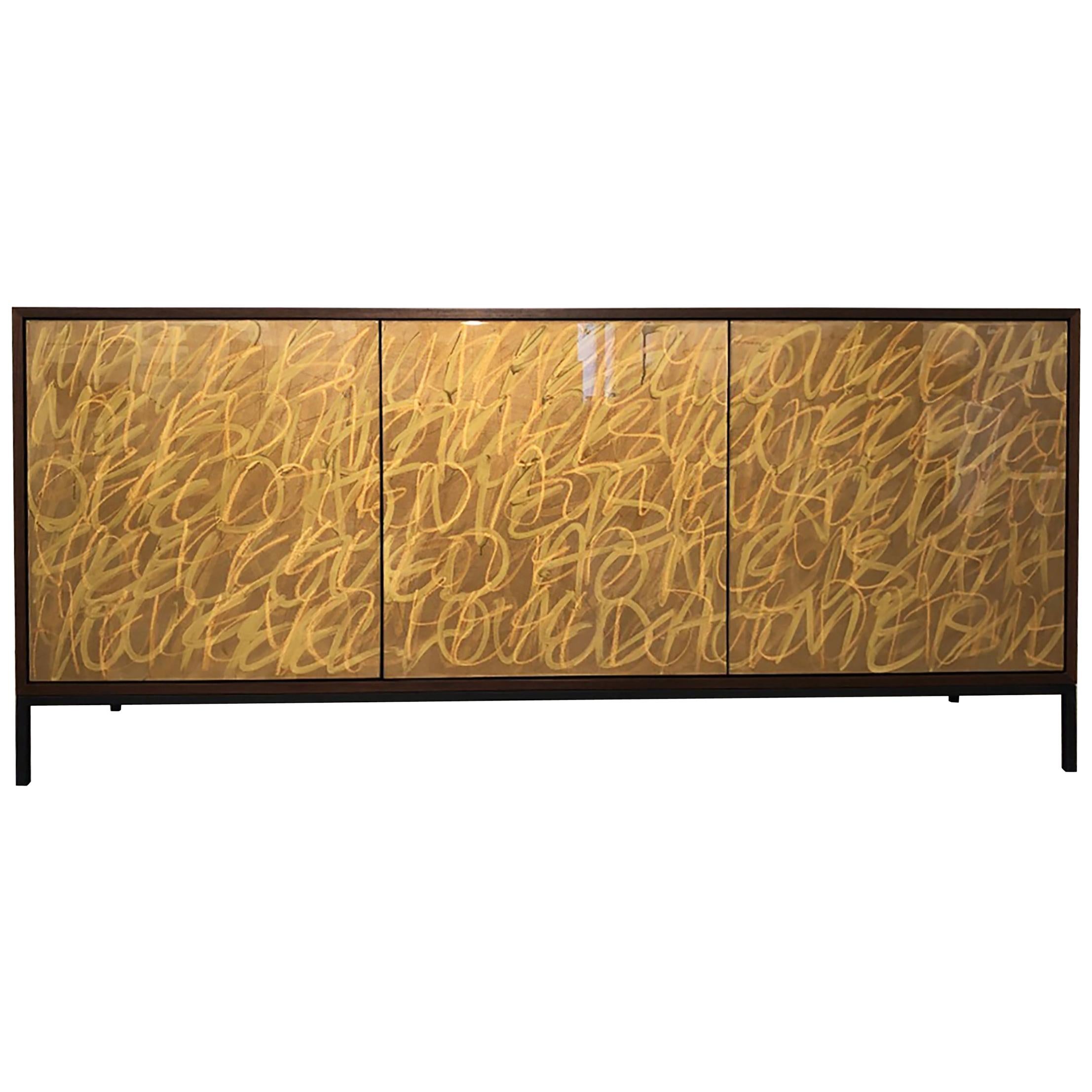 Gold Graffiti Sideboard, Art Door Cabinet, Custom Hand Painted For Sale